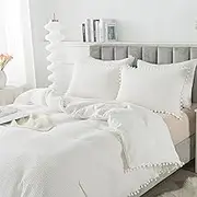 Softta Cotton Boho Bedding Twin XL White Pompom Duvet Cover Set 3 Pcs Waffle Weave Coconut Quilt Cover Reversible Cotton Soft Breathable Comforter Cover for Baby Teen Girls