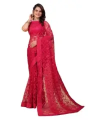 Women Soft Net Embroidery Saree Blush Bright Pink