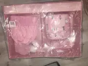 Betsey Johnson PINK 4pc Beanie Hat, Cosmetic Case, Strap, Keychain Gift Set NEW