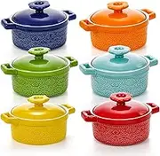 Hacaroa Set of 6 Mini Cocotte with Lid, 8 Oz Ceramic Ramekins with Handles, Small Casserole Dishes Individual Serving Pot for Baking, Soufflé, Soup, Cobbler, Oven Safe, 6 Colors