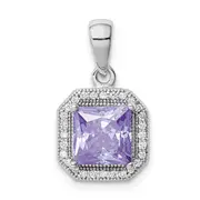 Sterling Silver Rhodium Plated Clear Cz And Square Light Purple Pendant