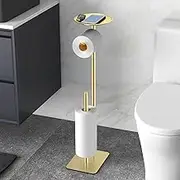 FEILERN Toilet Paper Holder Stand for Bathroom Floor Standing Toilet Roll Dispenser Storages 4 Reserve Rolls, with Top Storage Shelf for Cell Phones, Wipe, Wallet and More(Gold)