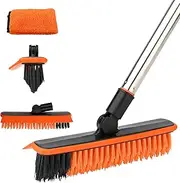 Homilifibra 2 in 1 Floor Scrub Brush Grout with 57.8'' Long Handle,120°Rotatable Shower Tile Scrubber,Kitchen Bathroom Crevice Squeegee,V-Shaped Corner for Hard to Reach Areas Black&Orange