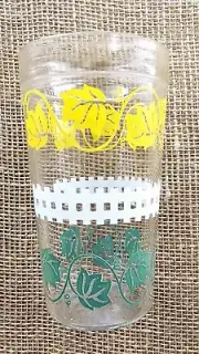 Vintage 1960s Jelly Jar Drinking Glass White Fence, Yellow, Green Ivy Barware