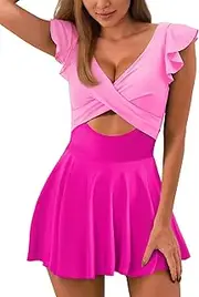 [ODIZLI] Women's Swimsuit V Neck Cutout Ruffle Swim Dress and Shorts Bathing Suit Color Block/Stripe Print/Solid Color