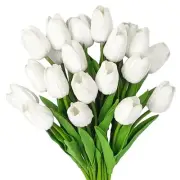 20pcs White Tulips Artificial Flowers, 13.5" Tulip Silk Fake Flowers for Home...