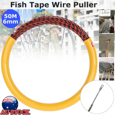 50M 6mm Cable Wire Puller Conduit Snake Fish Tape Cable Rodder Tested 700KG