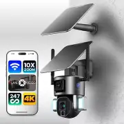 Home Security Camera WiFi 4K Recording 24/7 Dual Solar Panel Battery 10X Zoom