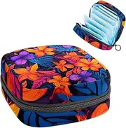 Period Bag,Sanitary Napkin Storage Bag,Blue Leaves Tropical Flowers,Tampon Holder for Purse