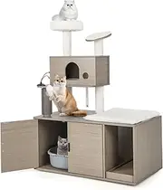 Cat Climbing Tree Tower Litter Box Enclosure, Hidden Cat Washroom Furniture w/Cat Condo House, Scratching Board, Soft Plush Perch, Dangling Balls, Wooden Cat Activity Center
