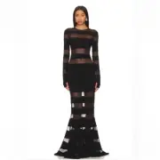 Norma Kamali Spliced Dress Fishtail Gown in Black Mesh maxi sheer panel Revolve