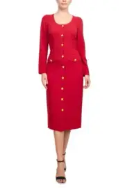 Taylor Long Sleeve Scoop Neck Crepe Dress with Button Closure and Banded Front