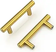 10 Pack - Brass Cabinet Handles 64mm 2.5inch Hole Spacing Gold Color Kitchen Hardware Stainless Steel Drawer Pulls 4 inch 100mm Length Euro T Bar Dresser Drawer Handles
