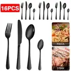 16PCS Stainless Cutlery Set Steel Spoon Fork Knife Tablespoons Teaspoons Black Z
