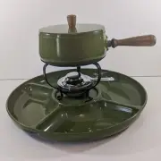 Vintage Avocado Green New Aluminum Fondue Pot with Stand and Divided Tray
