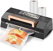 [VACAPEX] Vacuum Sealer, Stainless Steel Food Vacuum Sealer Machine with Detachable Drip Tray, Built-in Storage and Bag Cutter, Double Sealing
