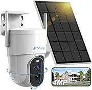 4MP QHD Solar Security Camera Outdoor Wireless WiFi, UCOCARE 360° PTZ Surveillance Cameras with 5W Solar Panel & 15000mAh Battery, PIR Motion Detection Alarm, 30m Color Night Vision, 2-Way Talk, IP66