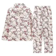 Ladies Kawaii Hello Kitty Printed Pajamas Tops+pants Two-piece Set Sleepwear Nightwear Home Clothes Gifts M