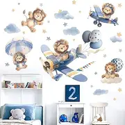 Amimagen Airplane Animals Wall Stickers - Hot Air Balloon Lion Clouds Wall Decals - Girls Bedroom Baby Nursery Kids Room Wall Decor