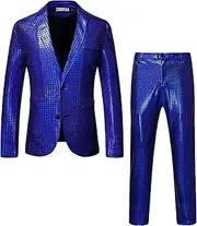 [ZEROYAA] Men's Metallic Shiny Suits Disco Sequin Blazer and Pants 2 Piece Sets for Party Prom