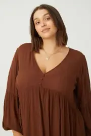 NEW COTTON ON CURVE LADIES LINDA DARK BROWN LONG SLEEVE DRESS SIZE 26