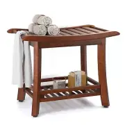 24“ Teak Shower Bench with Shelf,Teak Wood Shower Stool,Waterproof Wood Showe...