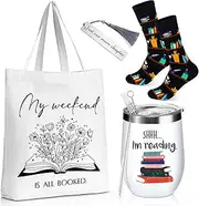 Sieral Sets of 4 Book Lovers Gifts for Women 2025 Graduation Gift Includes Novelty Socks 12 oz Stainless Steel Wine Tumbler with Lid Library Canvas Tote Bag Bookmark Tassel for Reader Teacher(Reading)