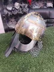 Helmet Medieval Vintage Steel Brass Knight Vendel Viking Helmet with Chainmail