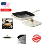 Luxurious Latte 11-Inch Cast Iron Grill Pan with Gold Knob & Cast Iron Press