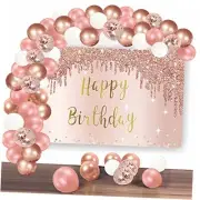 Rose Gold Happy Birthday Banner Backdrop with Confetti Balloon Garland Arch,