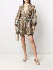 Zimmerman plunging V-neck Brown floral mini dress SZM $629 Defected