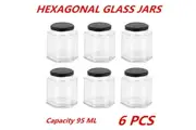 6 x 95ml Hexagonal Glass Honey Jars Black Lid Lolly Jam Wedding Conserve Storage