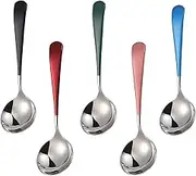 Stainless Steel Soup Spoons, 18/10 Round Head, Modern Thick Short Handle 304 Korean Spoon, Dinner Metal Spoons for Grain, Dessert, Milk, Tea, Coffee, 6.3 Inch, Set of 5