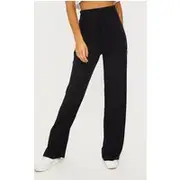 Black Drawstring Jersey Wide Leg Pants, Black