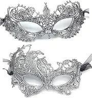 2 Pack Masquerade Mask for Women, Lace Venetian Eye Masks for Cosplay Mardi Gras Halloween - Silver color