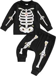 [GINEVSAL] Toddler Boy Skeleton Outfits Crew Neck Long Sleeve Pullover Sweatshirt Pants Baby Infant Halloween Outfits