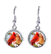Cardinals Birds Magnolias Flowers Handmade Resin Dangling Earrings SILVER PLATED