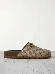 [Gucci] Gucci - Sol Embellished Leather-trimmed Canvas-jacquard Slippers - Beige - IT37 IT 37 Neutrals