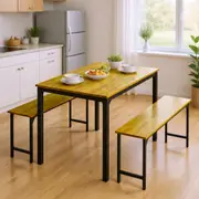 Advwin 3 PCS Dining Table Chair Set Kitchen Table w/2 Bench Dinner Table Wooden Rectangular Desktop and Metal Frame Walnut