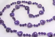 30" HAND KNOTTED AMETHYST HEART GEMSTONE BEADED NECKLACE & EARRING SET BEAUTIFUL