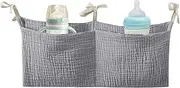Crib Storage Caddy | Portable Bedside Bag Diaper Nursery Crib Organizer,Cotton Organizing Bag with 2 Pockets Multiple-Use Baby Bedding for Feeding Bottle