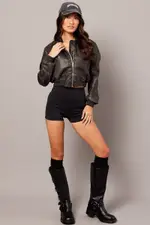 Brown Bomber Jacket Crop Washed Faux Leather - Size 14, Women's Pu Jacket