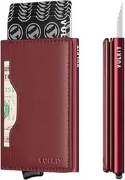 [VULKIT] Slim Pop up Wallet for Women Minimalist Credit Card Holder with Leather Slots Men's Bifold RFID Blocking Metal Wallets(Ruby)