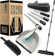 Rubber Broom and Dustpan Set with 4 Section Stainless Steel Broom Handle and Handheld Rubber Brush - The Perfect Rubber Brush for Floors, Pet Hair and for Carpet