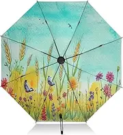[RPLIFE] Compact Umbrella, Windproof Umbrella, Automatic Open/close, Compact Size for Women Backpacks/Handbags, Watercolor Field Wheat Flowers