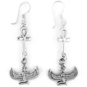 Egyptian Sterling Silver 925 Winged Isis & Ankh Earrings