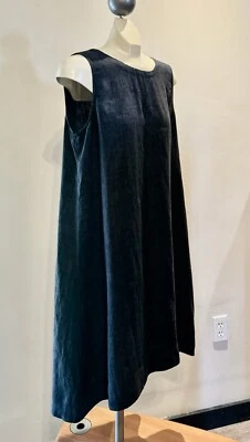 Eileen Fisher $278 Organic Linen Denim Blue Hi Low A line Shift Dress Med