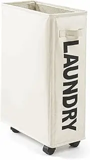 Vivva Slim Laundry Basket with Leather Handle on Wheels, Foldable Corner Storage Bins, Collapsible Rolling Laundry Hamper(Cream)