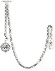 [SIBOSUN] Pocket Watch Albert Chain T Bar & Lobster Clasps Watch Chain Vest Chain for Men Curb Link Chain 2 Hooks with Antique Compass Pendant Design Charm Fob T-Bar Chain