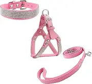 Newtensina Dog Collar & Harness & Lead Sets Fashion Dog Collar Diamante with Harness & Leashes Comfortable Soft Suede Collar Harness and Leashes Set for Dog - Pink - M